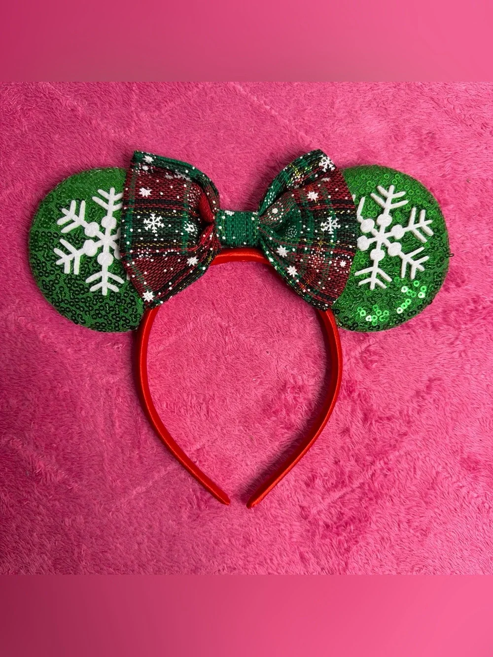 Holiday Sequin Mouse Ear Headband with Plaid Bow - Green & Red
